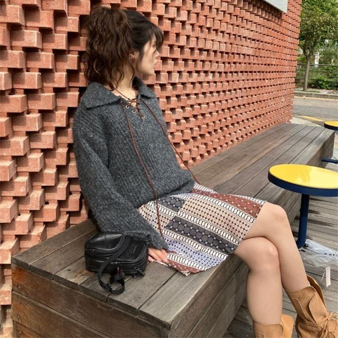 Collar Plain Lace-Up Ribbed Sweater Product Image