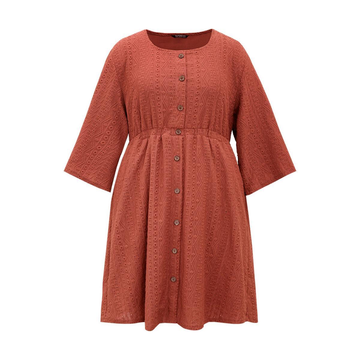 Plus Size Broderie Anglaise Button Through Pocket Dress Rust Women Casual Texture Round Neck Long Sleeve Curvy Knee Dress BloomChic 22-24/3X Product Image