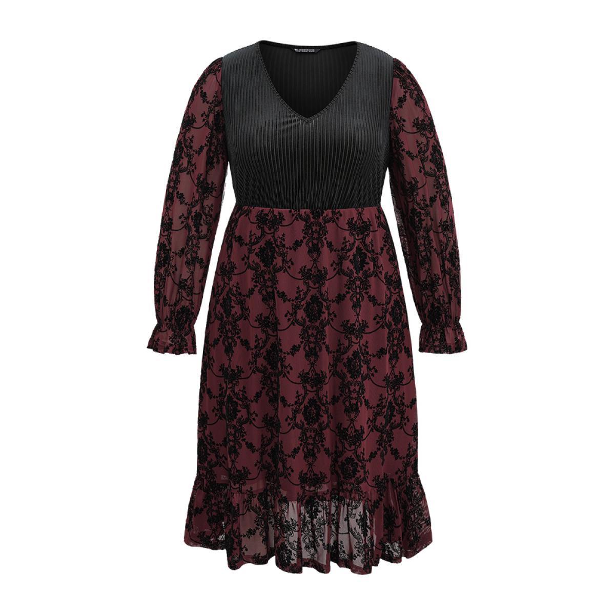 Plus Size Velvet Patchwork Geometric Pleated Dress Scarlet Women Elegant Texture V-neck Long Sleeve Curvy Midi Dress BloomChic 22-24/3X Product Image