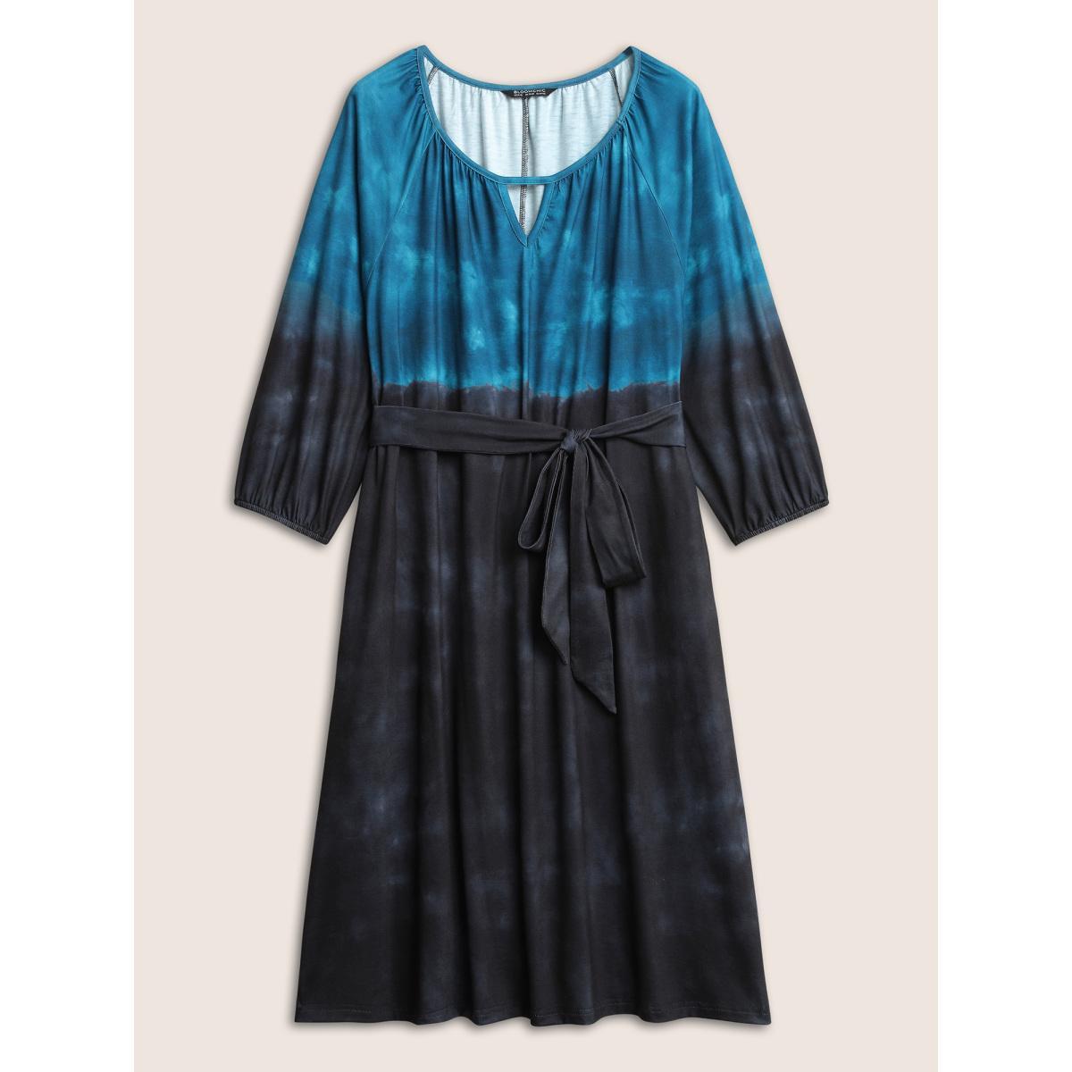 Plus Size Tie Dye Cut Out Belted Elastic Cuffs Dress DarkBlue Women Casual Non Notched collar Elbow-length sleeve Curvy Midi Dress BloomChic 14-16/1X Product Image