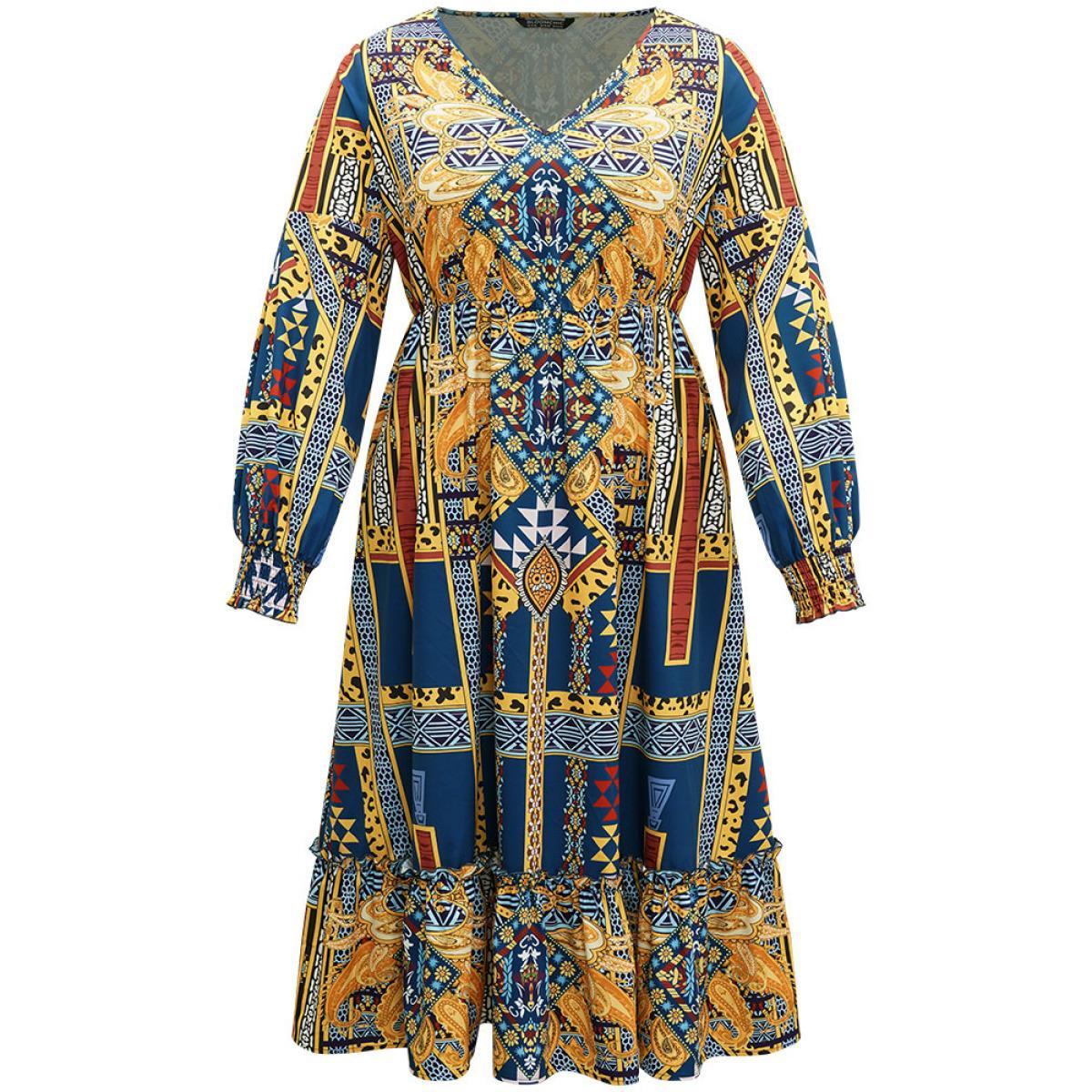 Plus Size Boho Print Shirred Pocket Ruffle Hem Dress DarkBlue Women Vacation Printed V-neck Long Sleeve Curvy Midi Dress BloomChic 14-16/1X Product Image