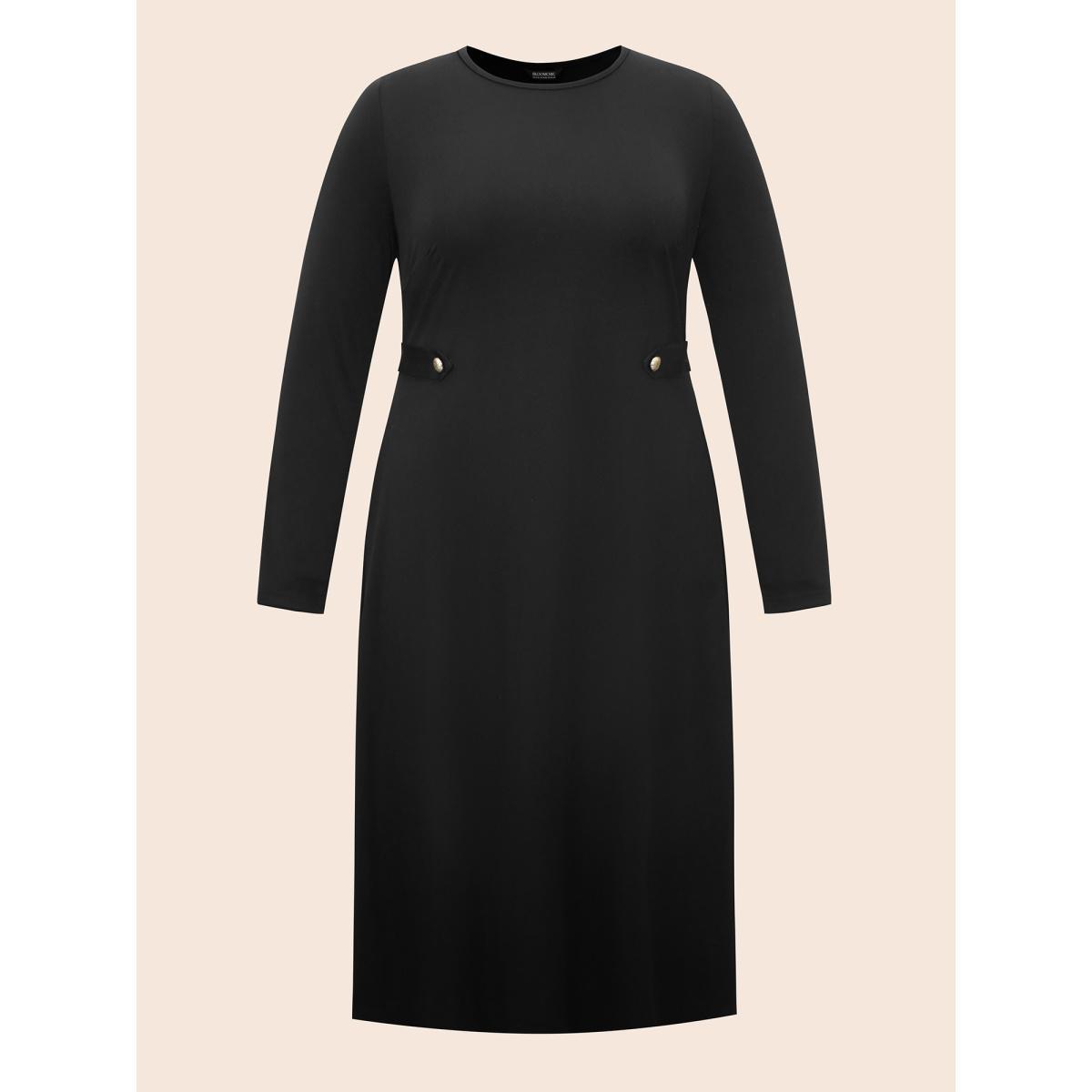 Plus Size Crew Neck Button Detail Dress Black Women At the Office Button Round Neck Long Sleeve Curvy BloomChic 22-24/3X Product Image