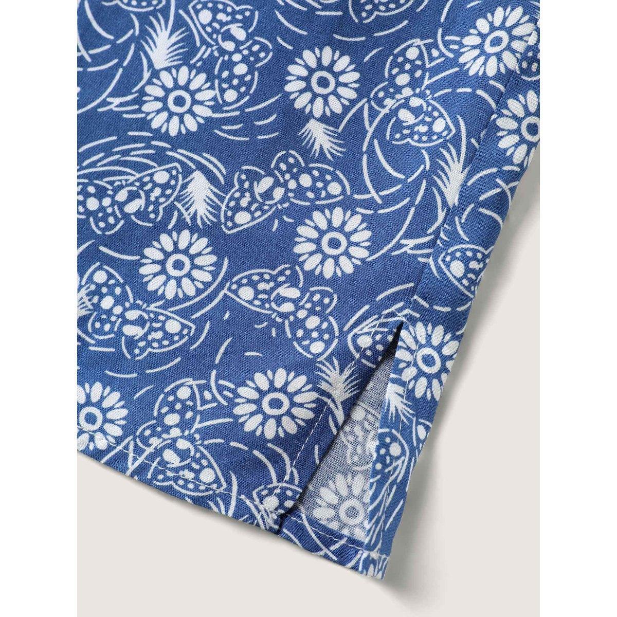Plus Size Navy Floral Print Quarter Sleeve Blouse Women Elbow-length sleeve Notched collar Everyday-Casual Blouses BloomChic 28/5X Product Image