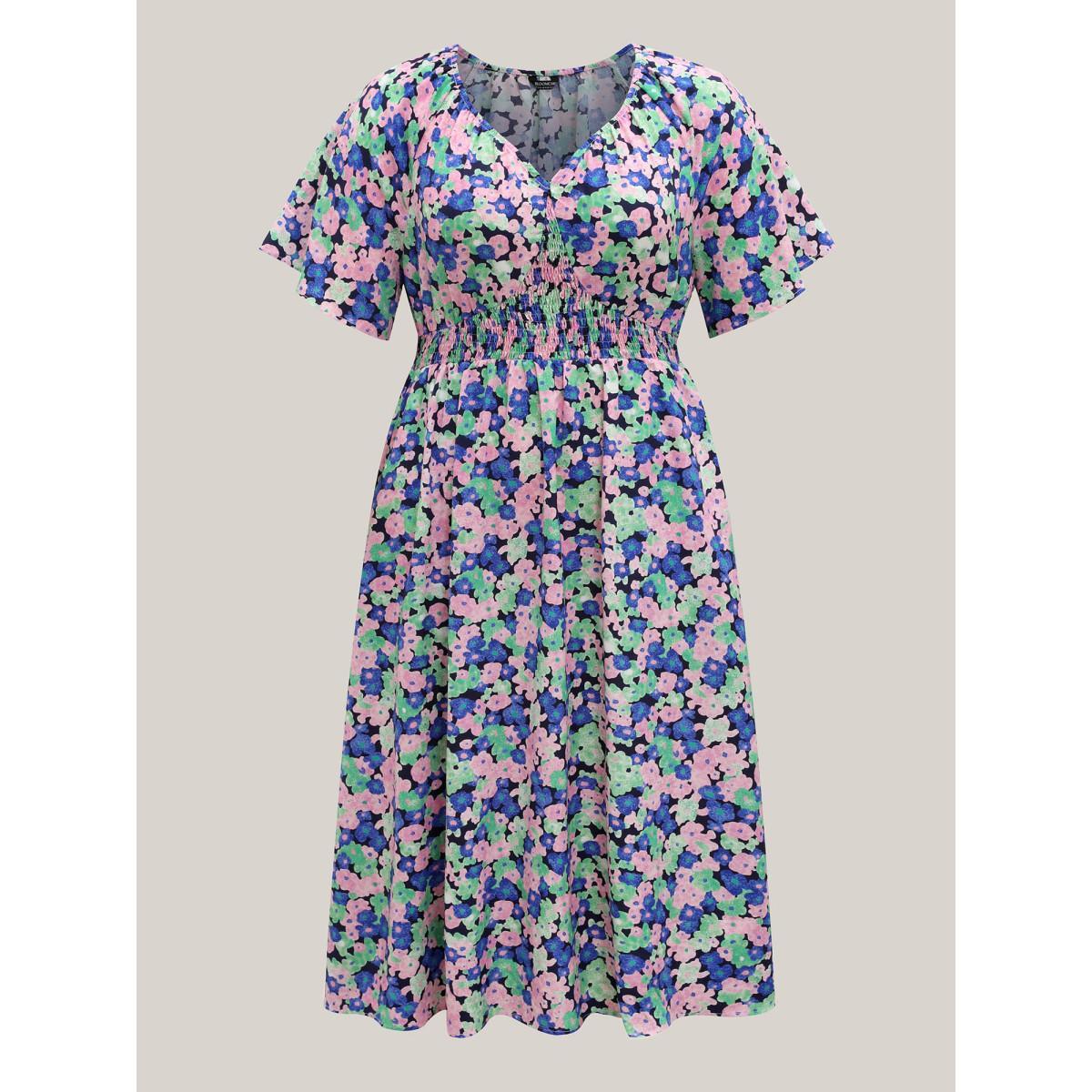 Plus Size Floral Print Shirred Waist Midi Dress DarkBlue Women Square Neck Short sleeve Curvy BloomChic 10/M Product Image