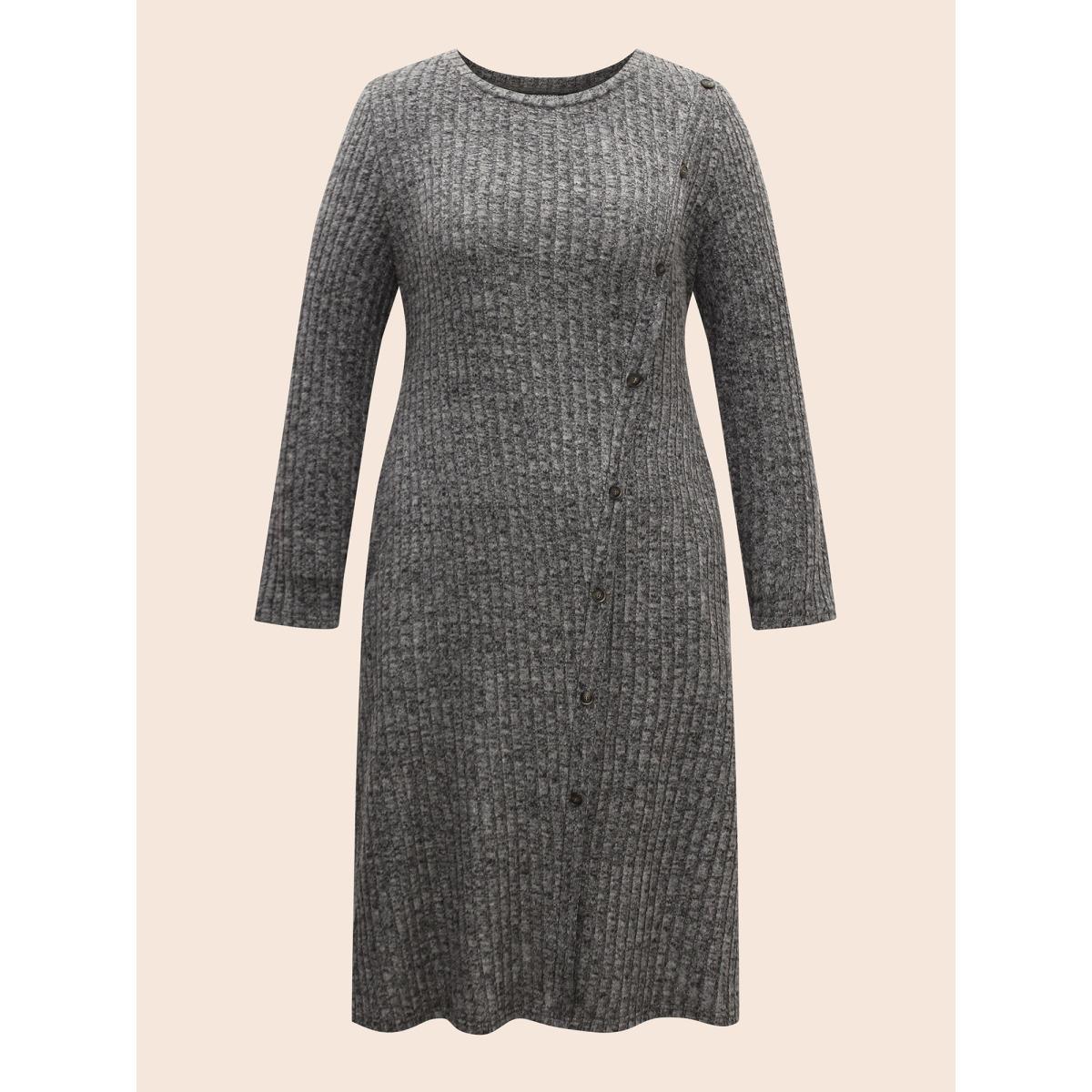 Plus Size Crew Neck Button Detail Slim Fit Dress DimGray Women Casual Texture Round Neck Long Sleeve Curvy BloomChic 10/M Product Image