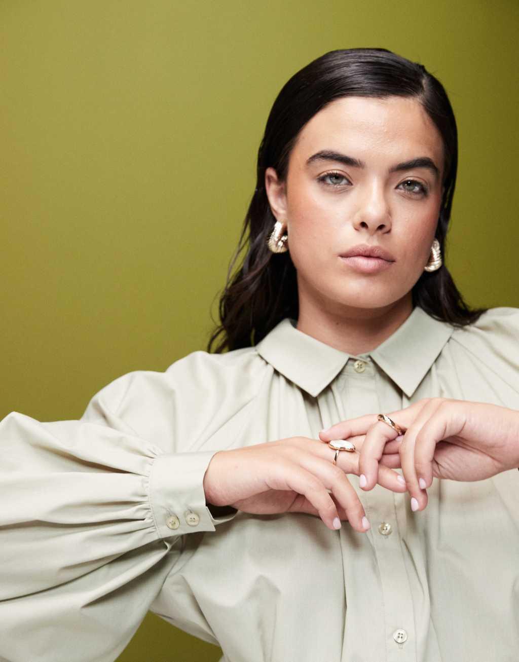 ASOS DESIGN Curve nipped waist mini shirt dress with pintucks in olive green Product Image