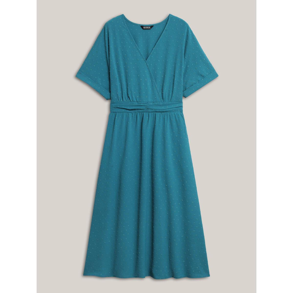 Plus Size Textured Stretchy Pleated Waist Midi Dress Aegean Women Overlap Collar Short sleeve Curvy BloomChic 28/5X Product Image