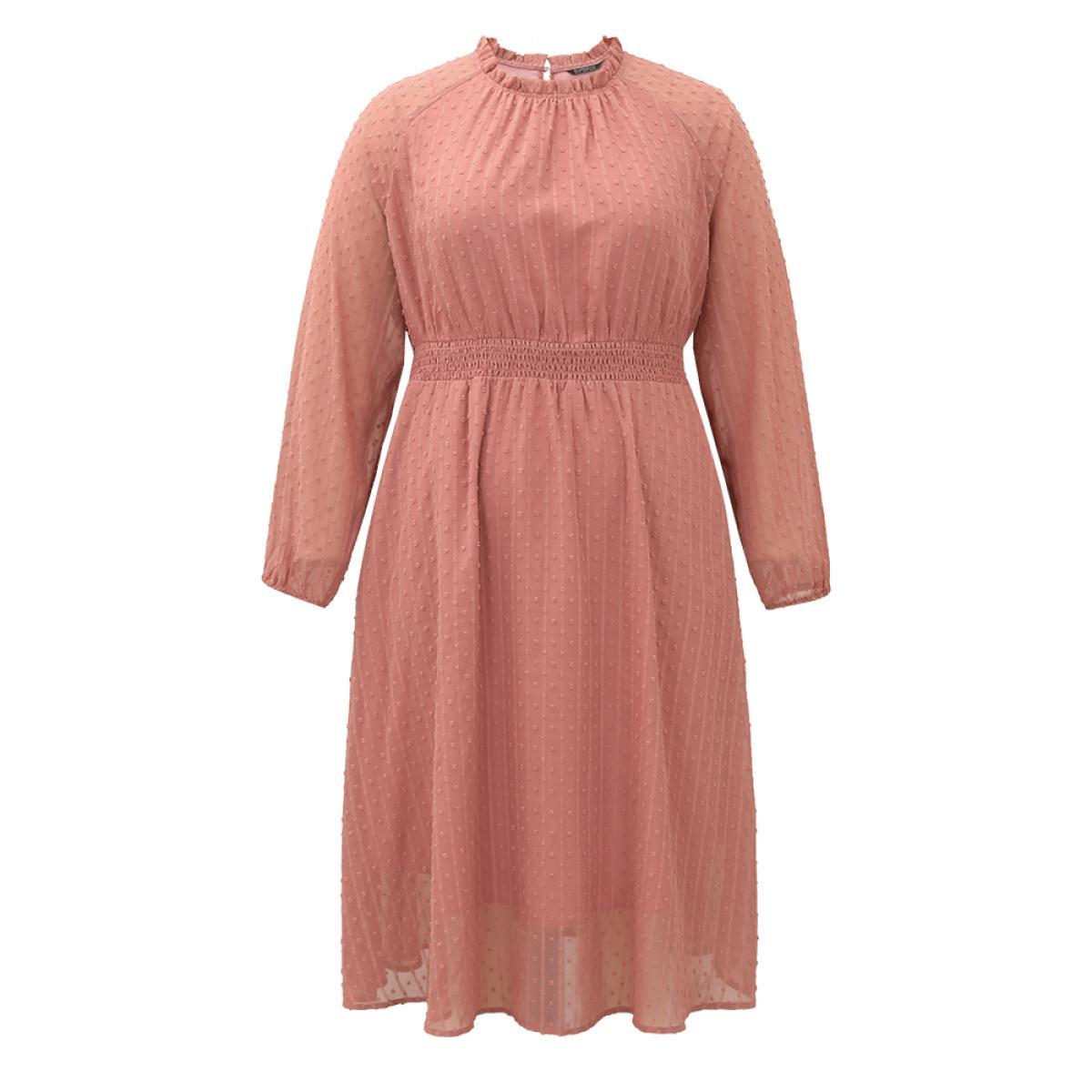 Plus Size Polka Dot Shirred Mock Neck Dress DustyPink Women Elegant Elastic cuffs Mock Neck Long Sleeve Curvy Midi Dress BloomChic 18-20/2X Product Image