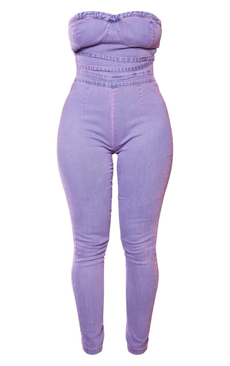 Shape Purple Acid Wash Cup Detail Tie Back Denim Jumpsuit Product Image