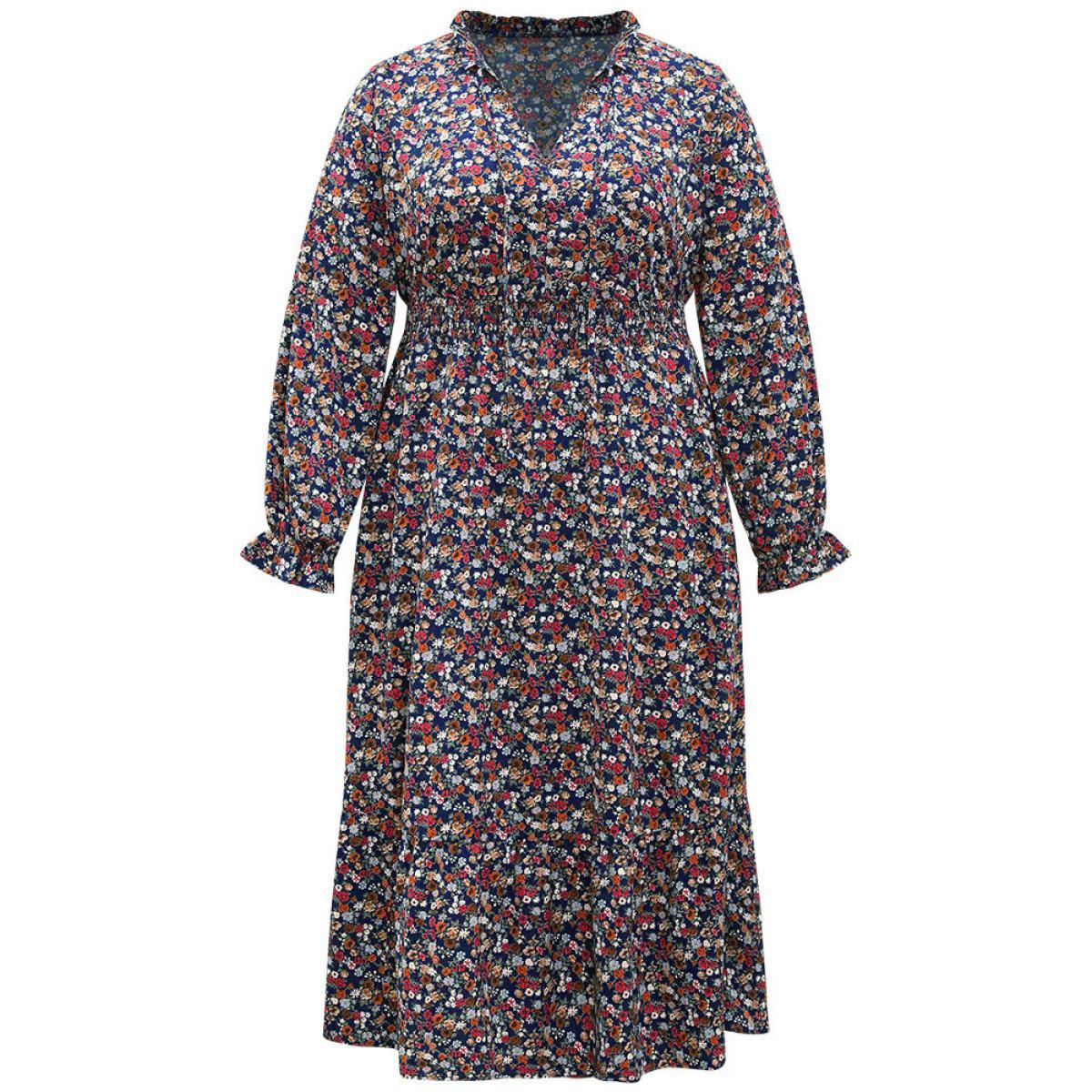 Plus Size Ditsy Floral Shirred Frill Trim Ties Dress DarkBlue Women Elegant Elastic cuffs V-neck Long Sleeve Curvy Midi Dress BloomChic 14-16/1X Product Image
