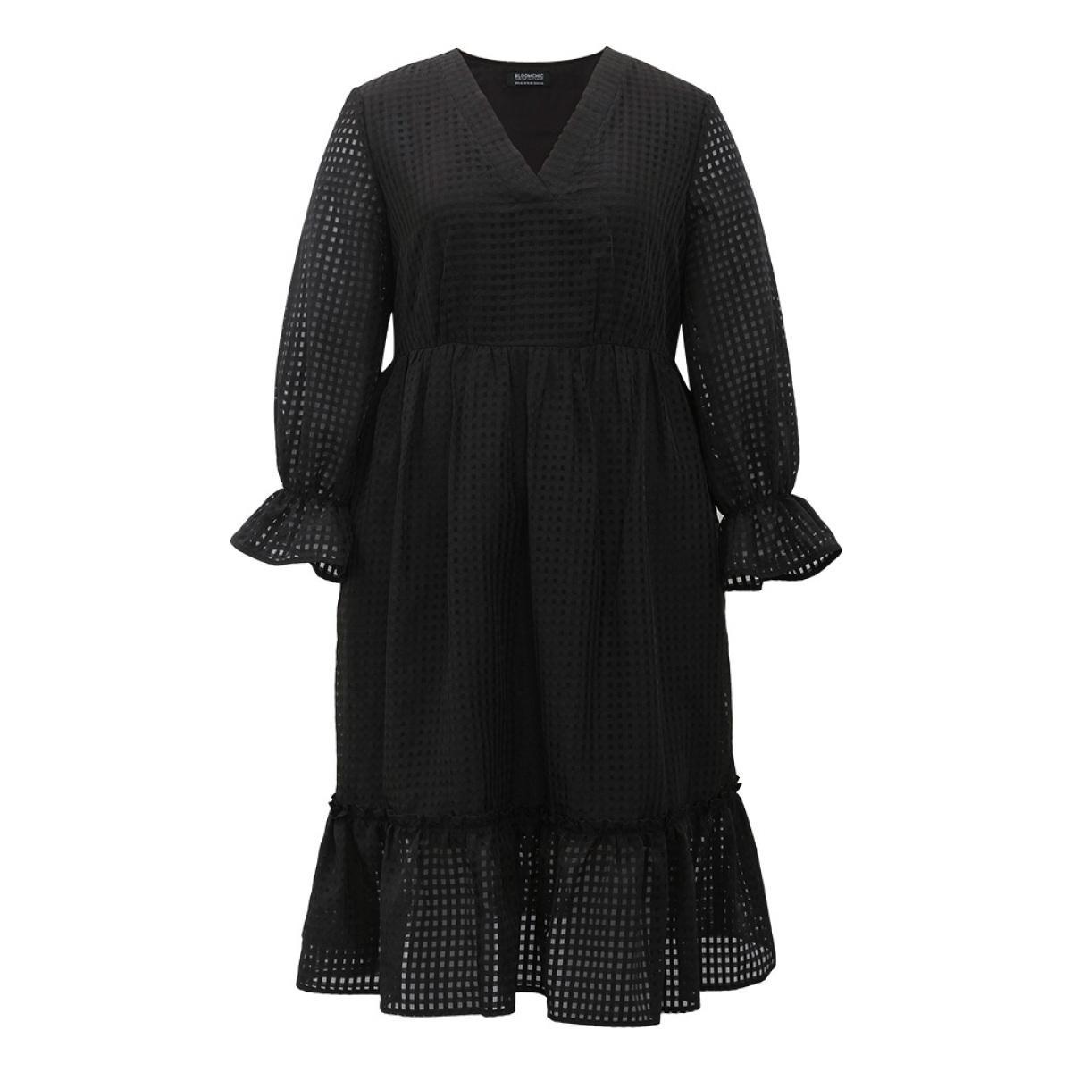 Plus Size Solid Pocket Mesh Frill Trim Dress Black Women Elegant See through V-neck Long Sleeve Curvy Midi Dress BloomChic 14-16/1X Product Image