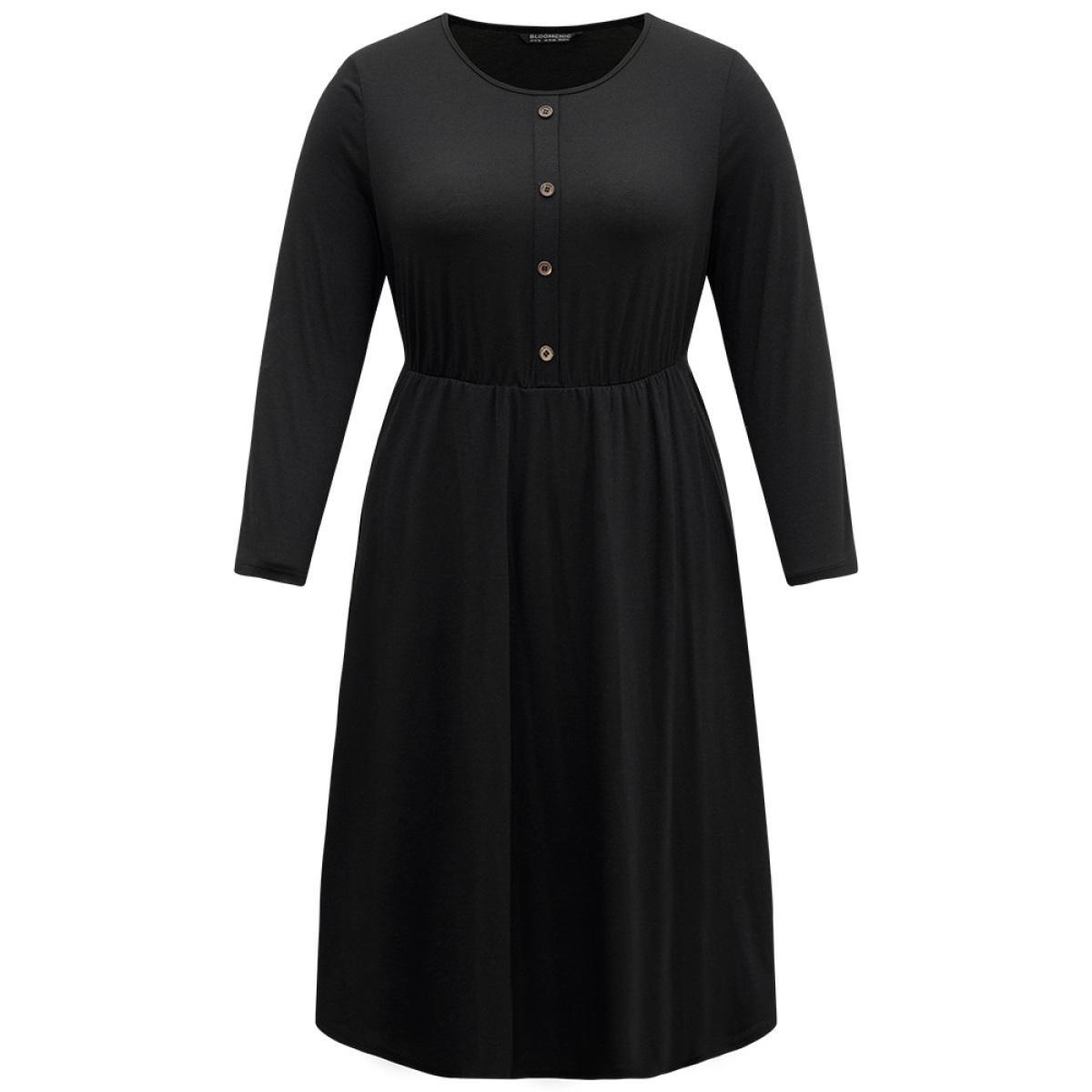 Plus Size Supersoft Essentials Solid Button Detail Dress Black Women Casual Plain Round Neck Long Sleeve Curvy Midi Dress BloomChic 14-16/1X Product Image