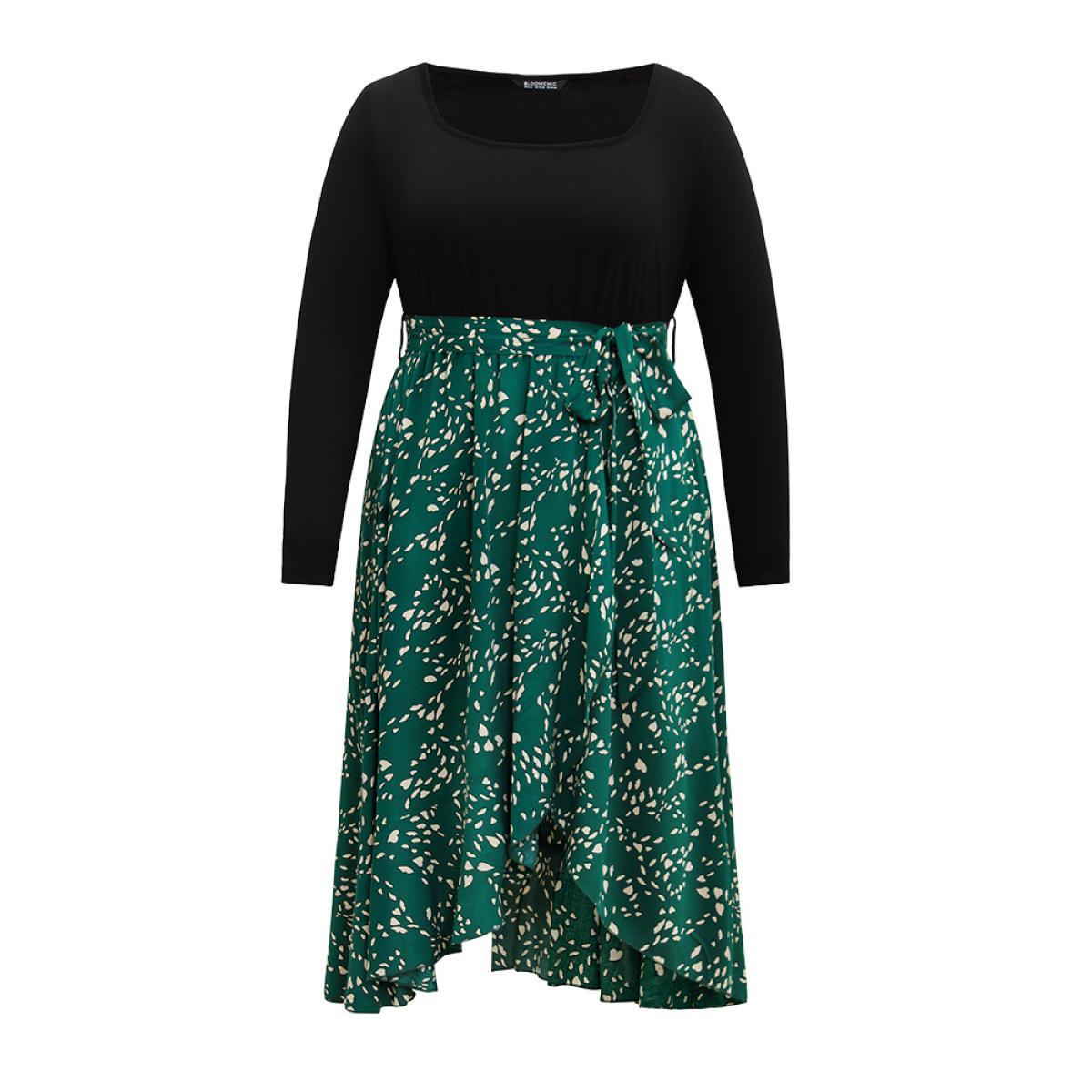 Plus Size Heart Patchwork Square Neck Belted Arc Hem Dress Emerald Women Elegant Belted Square Neck Long Sleeve Curvy Midi Dress BloomChic 12/L Product Image