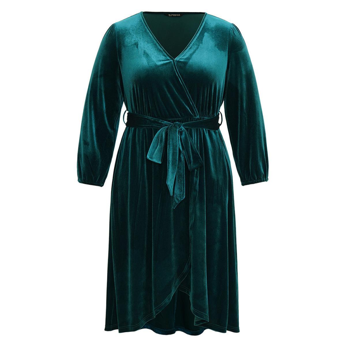 Plus Size Solid Velvet Belted Wrap Arc Hem Dress Cyan Women Elegant Elastic cuffs Overlap Collar Long Sleeve Curvy Midi Dress BloomChic 10/M Product Image