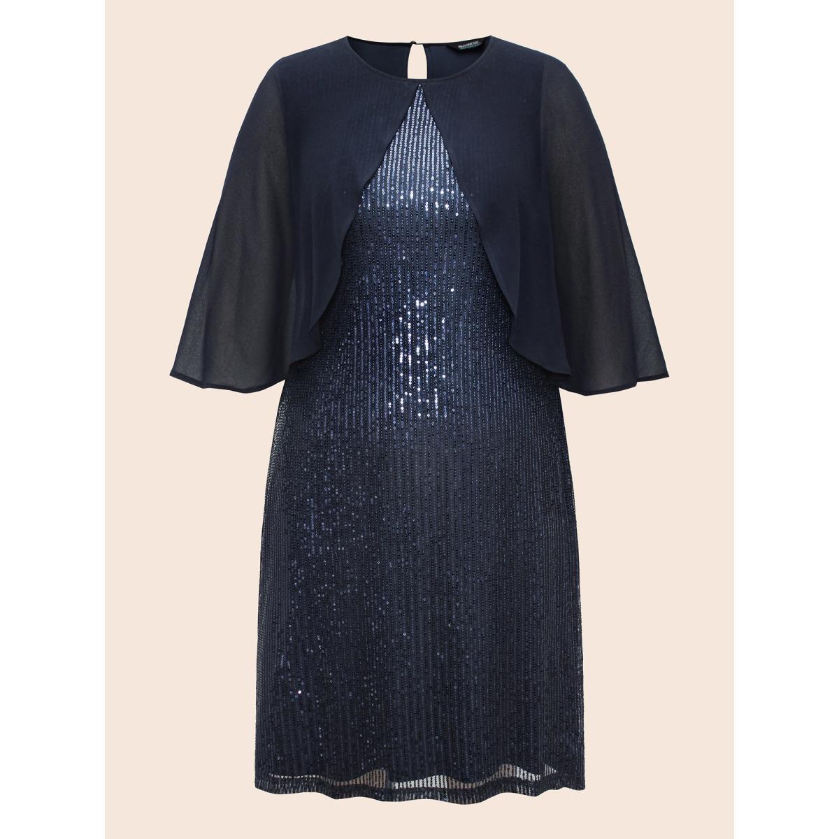 Plus Size Sequin With Mesh Cape Dress Indigo Women Cocktail Texture Party Curvy Bloomchic 10/M Product Image