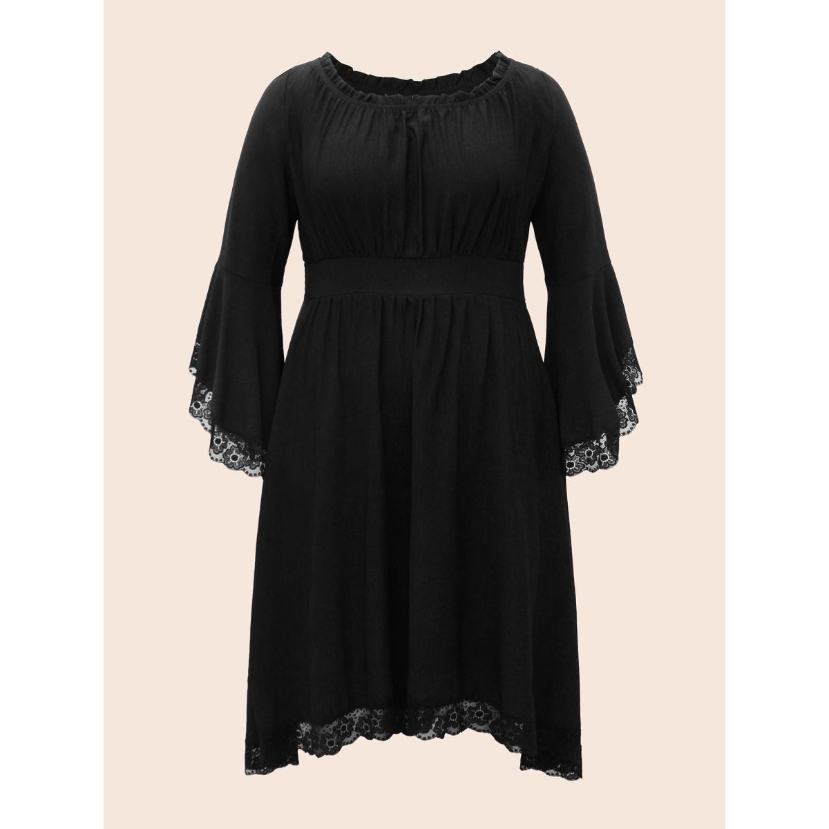 Plus Size Gothic Inspired Lotus Sleeves Midi Dress Black Women Cocktail Woven ribbon&lace trim Party Curvy Bloomchic 18-20/2X Product Image