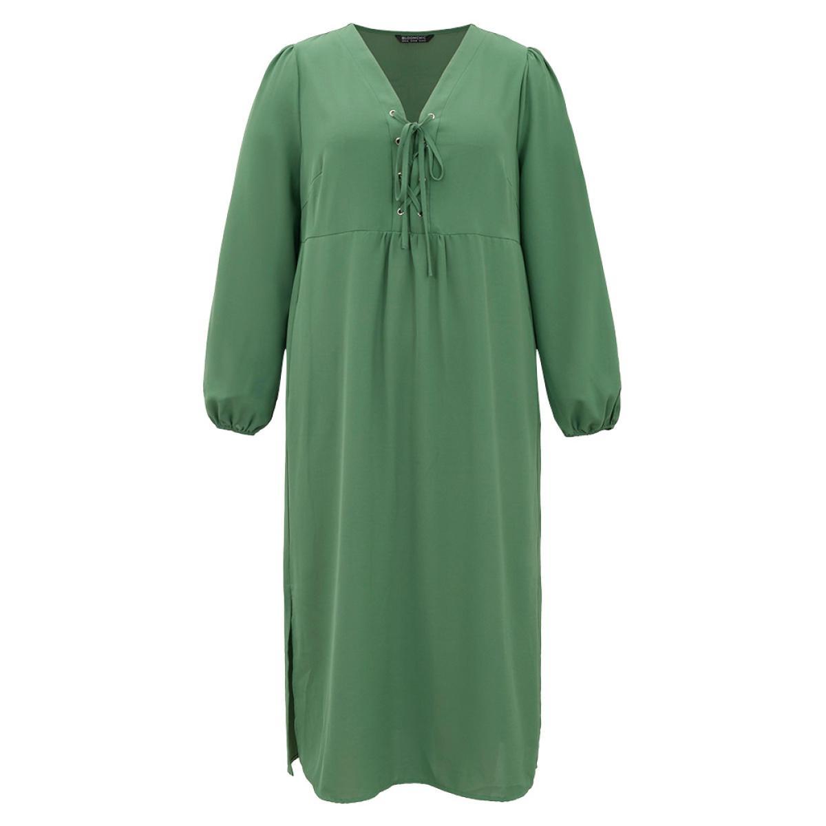 Plus Size Plain Lace Up Split Hem Lantern Sleeve Dress Mint Women Casual Elastic cuffs Tie Neck Long Sleeve Curvy Midi Dress BloomChic 26/4X Product Image