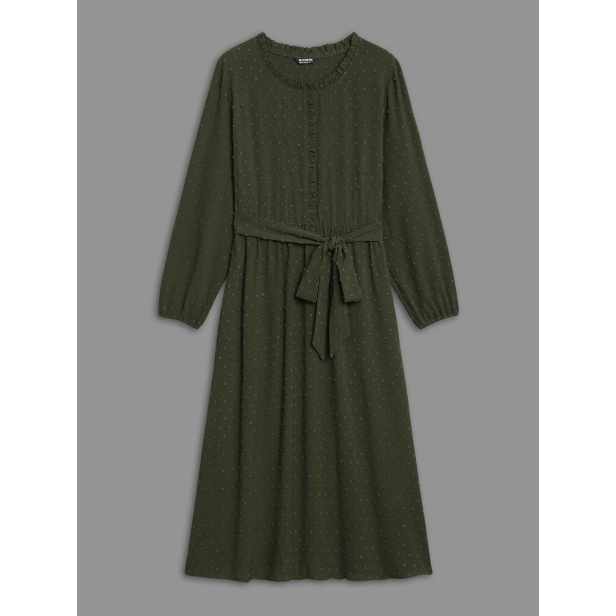 Plus Size Textured Waist-Tie Ruffled Edges Dress ArmyGreen Women Elegant Texture Round Neck Long Sleeve Curvy BloomChic 12/L Product Image