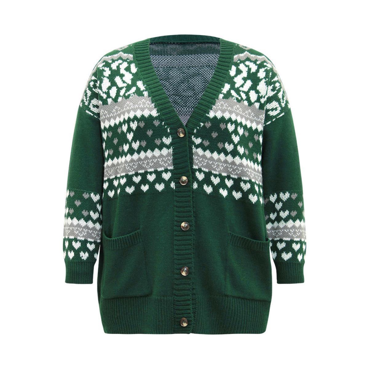 Plus Size Christmas Jacquard Button Up Pocket Cardigan DarkGreen Women Casual Loose Long Sleeve Festival-Christmas Cardigans BloomChic 22-24/3X Product Image