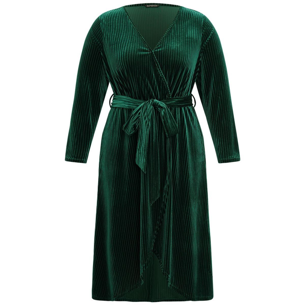 Plus Size Velvet Rib Knit Wrap Hem Pocket Belted Dress DarkGreen Women Elegant Wrap V-neck Long Sleeve Curvy Midi Dress BloomChic 12/L Product Image