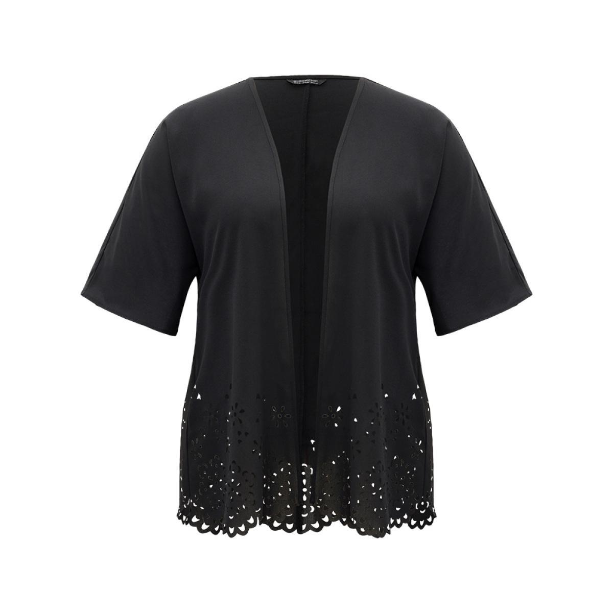 Plus Size Plain Laser Cut Open Front Scalloped Trim Kimono Women Black Casual Plain Dailywear Kimonos BloomChic 12/L Product Image