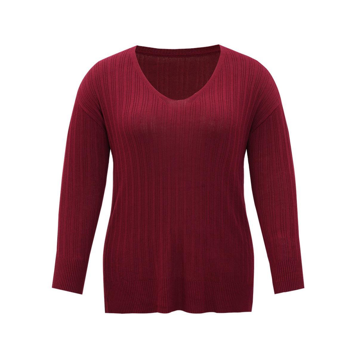 Plus Size Supersoft Essentials Plain Rib Knit Split Side Pullover Burgundy Women Casual Bodycon Long Sleeve Round Neck Dailywear Pullovers BloomChic 30/6X Product Image