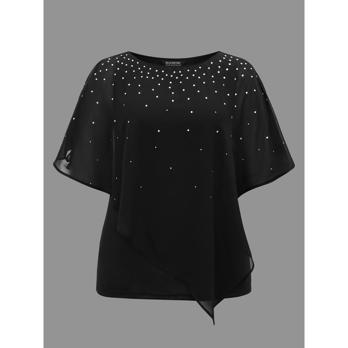 Plus Size Black Rhinestone Asymmetrical Hem Ruffle Sleeve Blouse Women Cocktail Half Sleeve Boat Neck Party Blouses BloomChic 14-16/1X Product Image