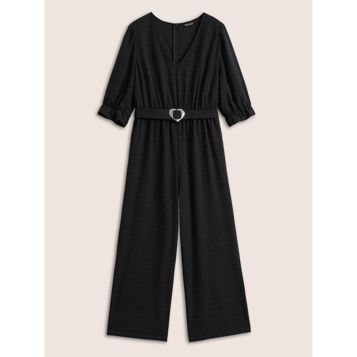 Plus Size Black Solid Texture Heart Buckle Detail Belted Jumpsuit Women Elegant Half Sleeve V-neck Everyday Loose Jumpsuits BloomChic 30/6X Product Image