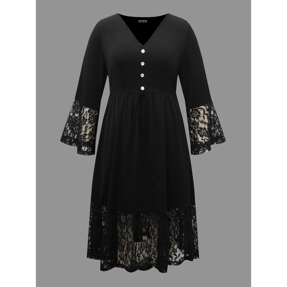 Plus Size Lace Patchwork Button Detail Tie Knot Dress Black Women Cocktail Woven ribbon&lace trim Party Curvy Bloomchic 28/5X Product Image
