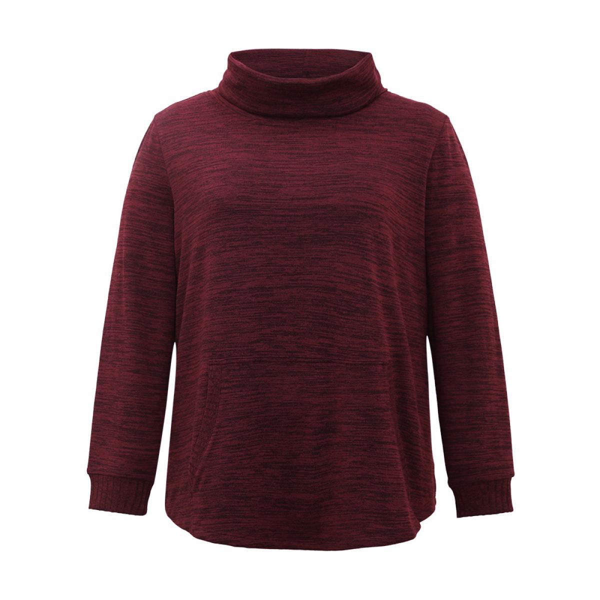 Plus Size Plain Turtleneck Pocket Heather Sweatshirt Women Burgundy Elegant Plain Turtleneck Dailywear Sweatshirts BloomChic 22-24/3X Product Image