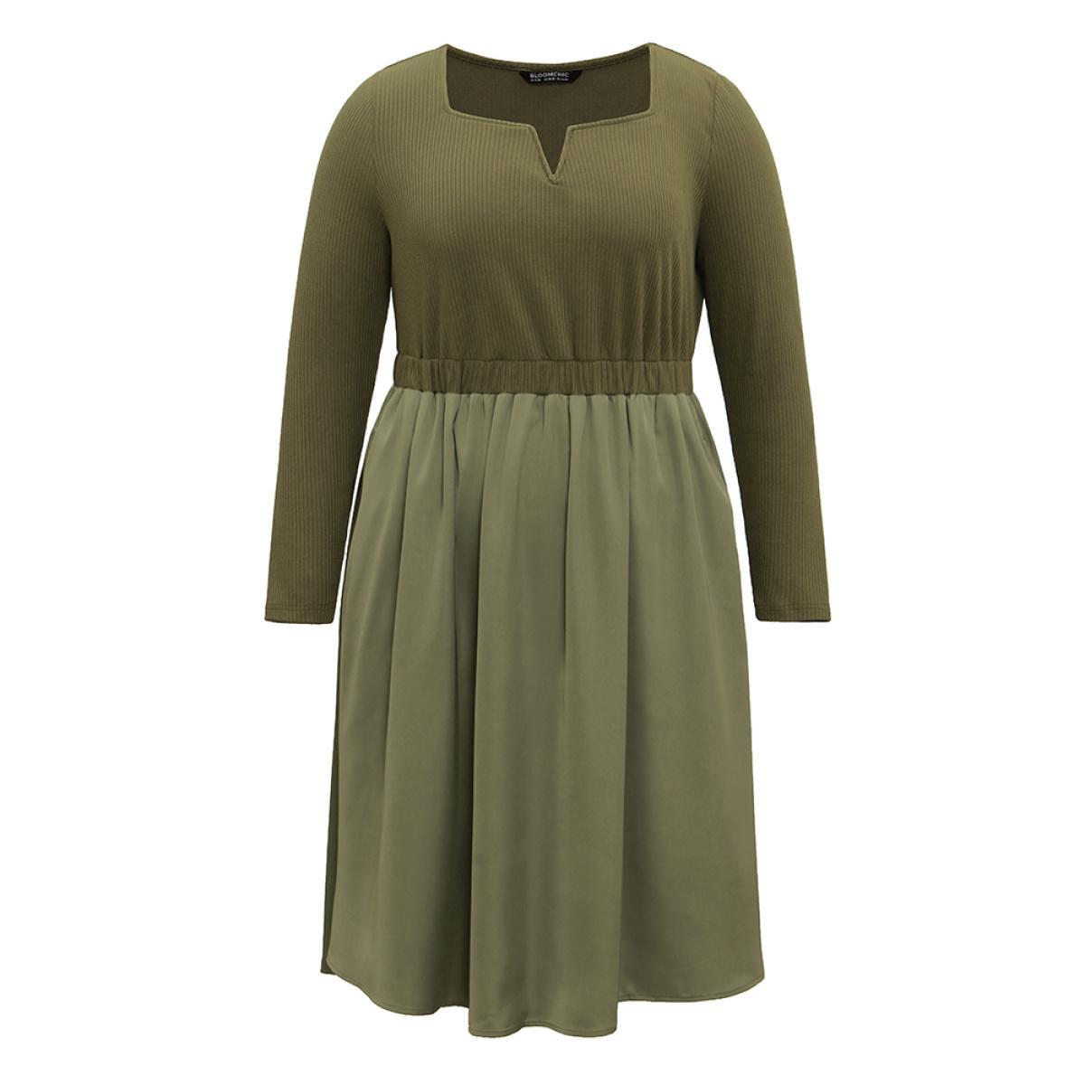 Plus Size Twill Patchwork Elastic Waist Gathered Dress Olive Women Casual Texture Notched collar Long Sleeve Curvy Midi Dress BloomChic 18-20/2X Product Image