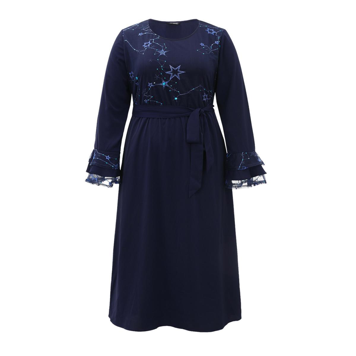 Plus Size Star Sequin Mesh Layered Sleeve Dress DarkBlue Women Party Belted Round Neck Long Sleeve Curvy Midi Dress BloomChic 28/5X Product Image
