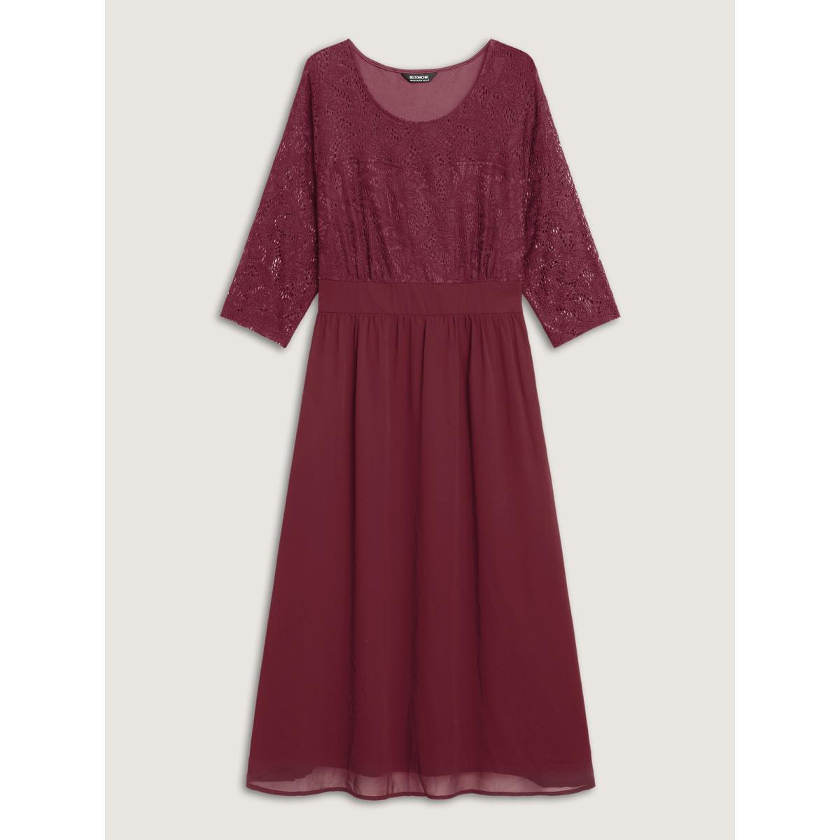 Plus Size Lace Patchwork Shirred Midi Pocket Dress Burgundy Women Cocktail Woven ribbon&lace trim Round Neck Elbow-length sleeve Curvy BloomChic 28/5X Product Image