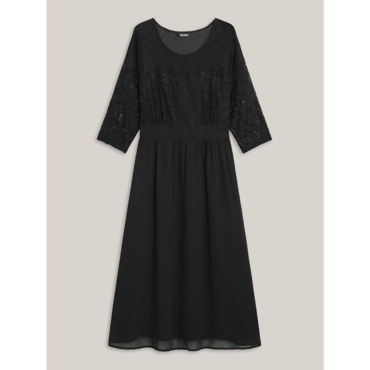 Plus Size Lace Patchwork Shirred Midi Pocket Dress Black Women Cocktail Woven ribbon&lace trim Round Neck Elbow-length sleeve Curvy BloomChic 22-24/3X Product Image