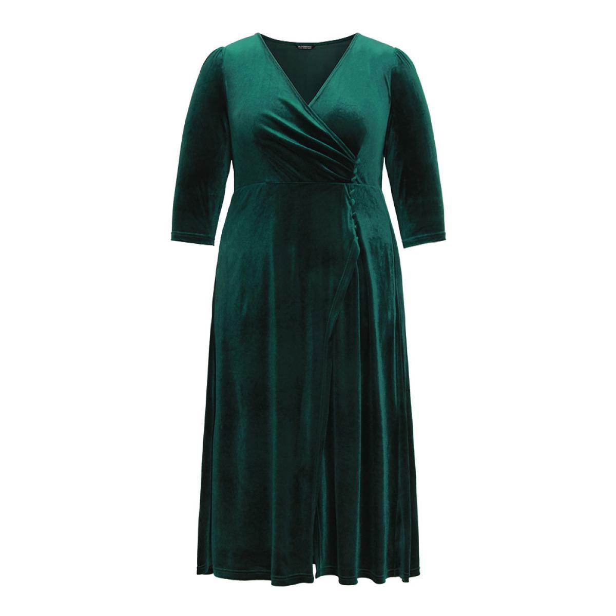 Plus Size Plain Velvet Wrap Gathered Split Front Dress DarkGreen Women Glamour Velvet Overlap Collar Elbow-length sleeve Curvy Midi Dress BloomChic 10/M Product Image