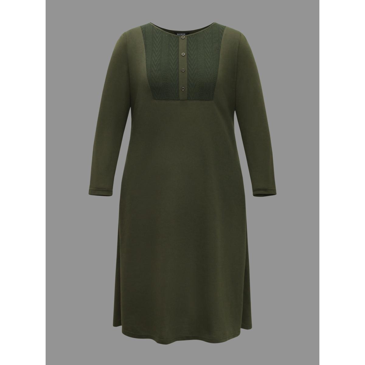 Plus Size Textured Patchwork Button Detail Midi Dress Sage Women Casual Texture Round Neck Long Sleeve Curvy BloomChic 30/6X Product Image