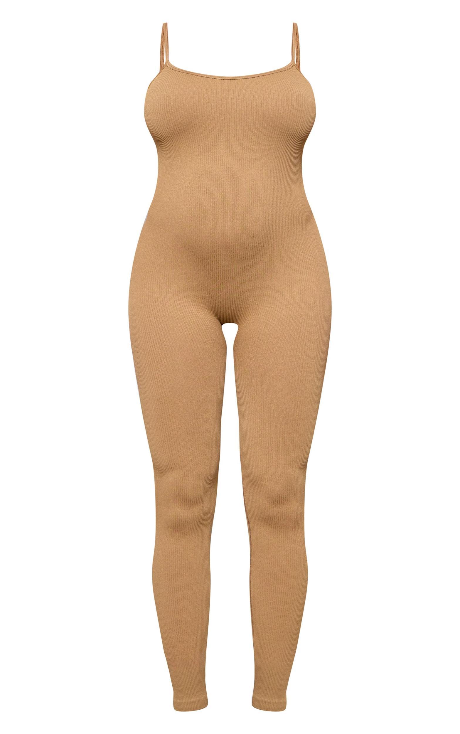 Maternity Brown Strappy Snatched Ribbed Jumpsuit Product Image