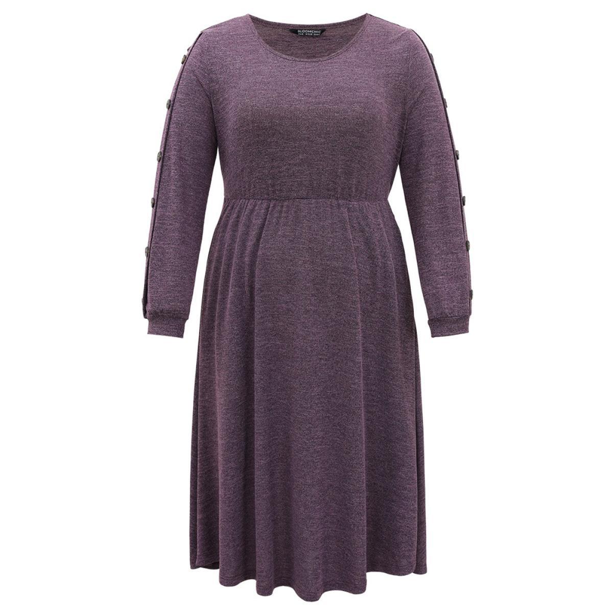 Plus Size Plisse Solid Side Button Detail Dress Purple Women Casual Plain Round Neck Long Sleeve Curvy Midi Dress BloomChic 18-20/2X Product Image