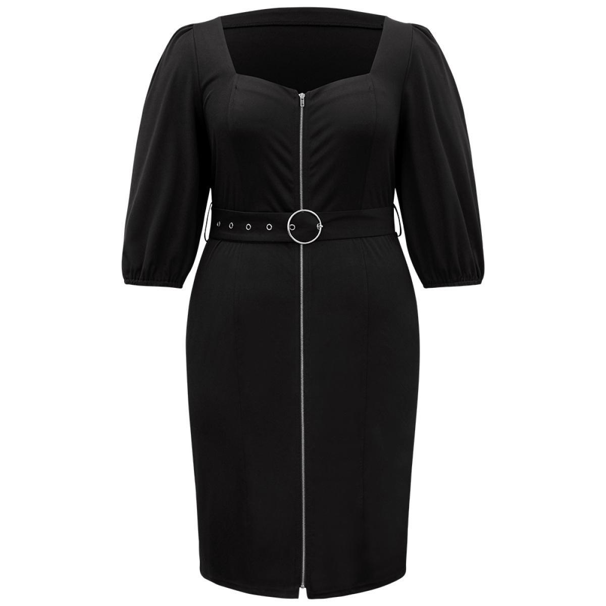 Plus Size Plain Square Neck Belted Metal Detail Zipper Dress Black Women Office Plain Square Neck Elbow-length sleeve Curvy Knee Dress BloomChic 10/M Product Image