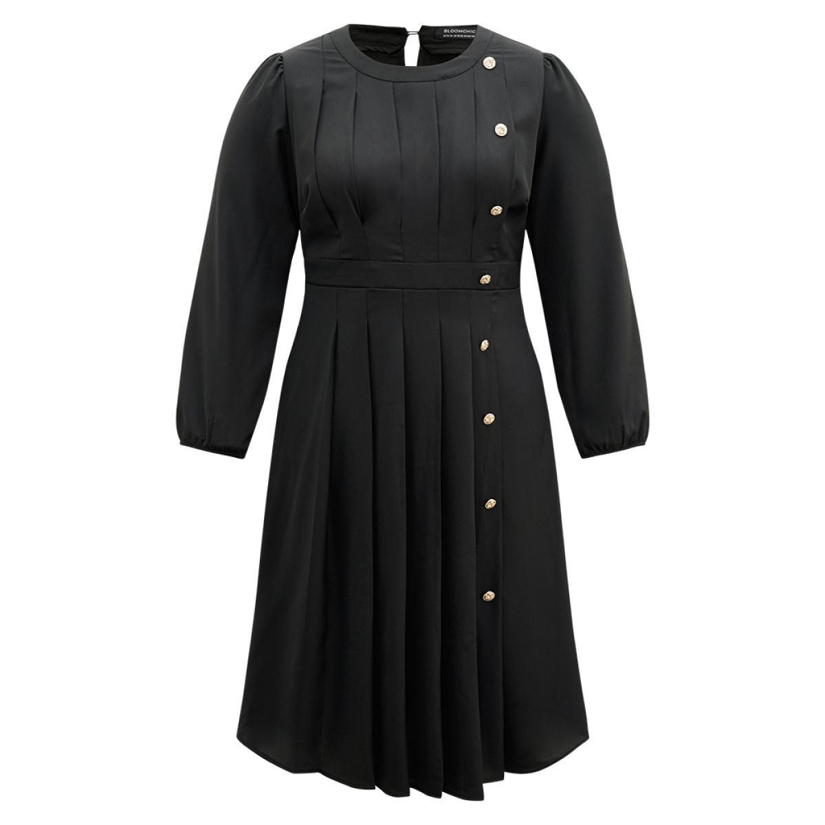 Plus Size Static-Free Metal Detail Plicated Detail Dress Black Women Office Elastic cuffs Round Neck Long Sleeve Curvy Midi Dress BloomChic 14-16/1X Product Image