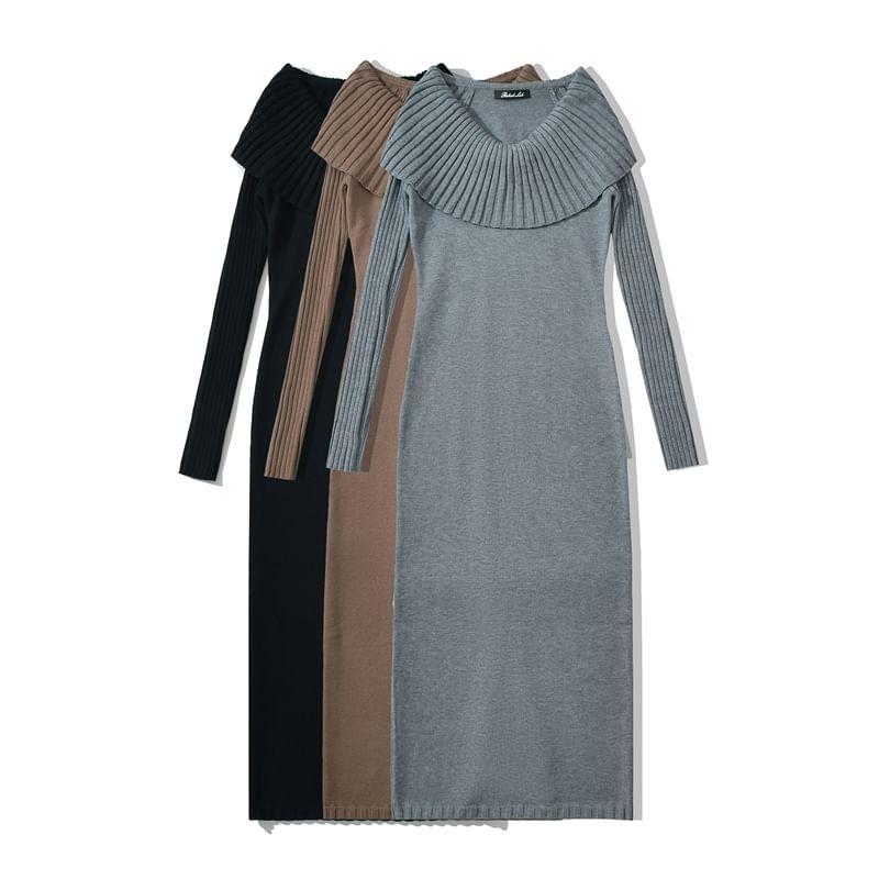 Long-Sleeve Off Shoulder Plain Ribbed Knit Maxi Sheath Sweater Dress Product Image