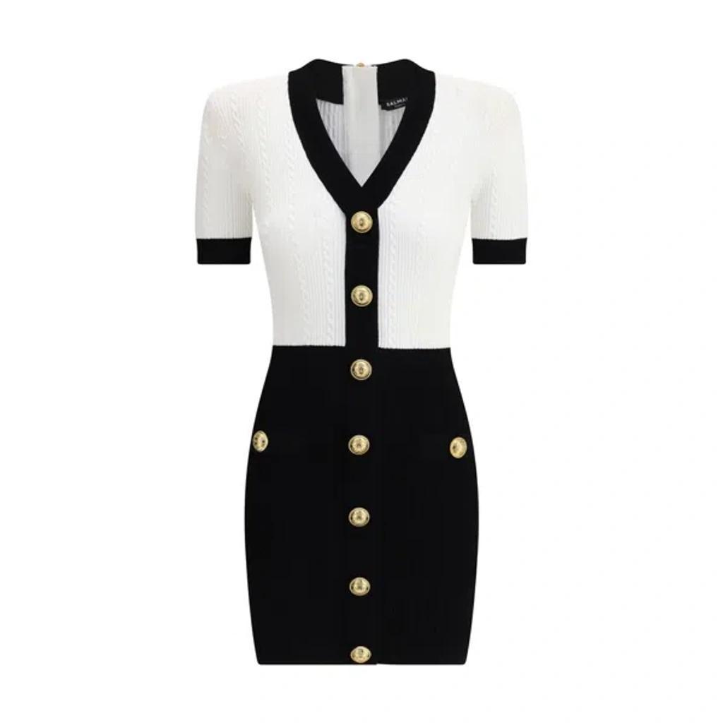 BALMAIN V-neck Buttoned Strong-shoulder Torsade Knit Mini Dress In White Product Image