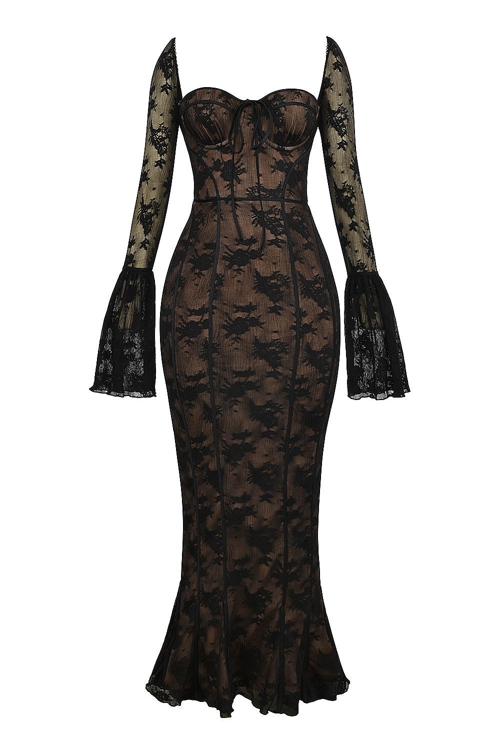 Delilah Black Long Sleeve Lace Maxi Dress Product Image