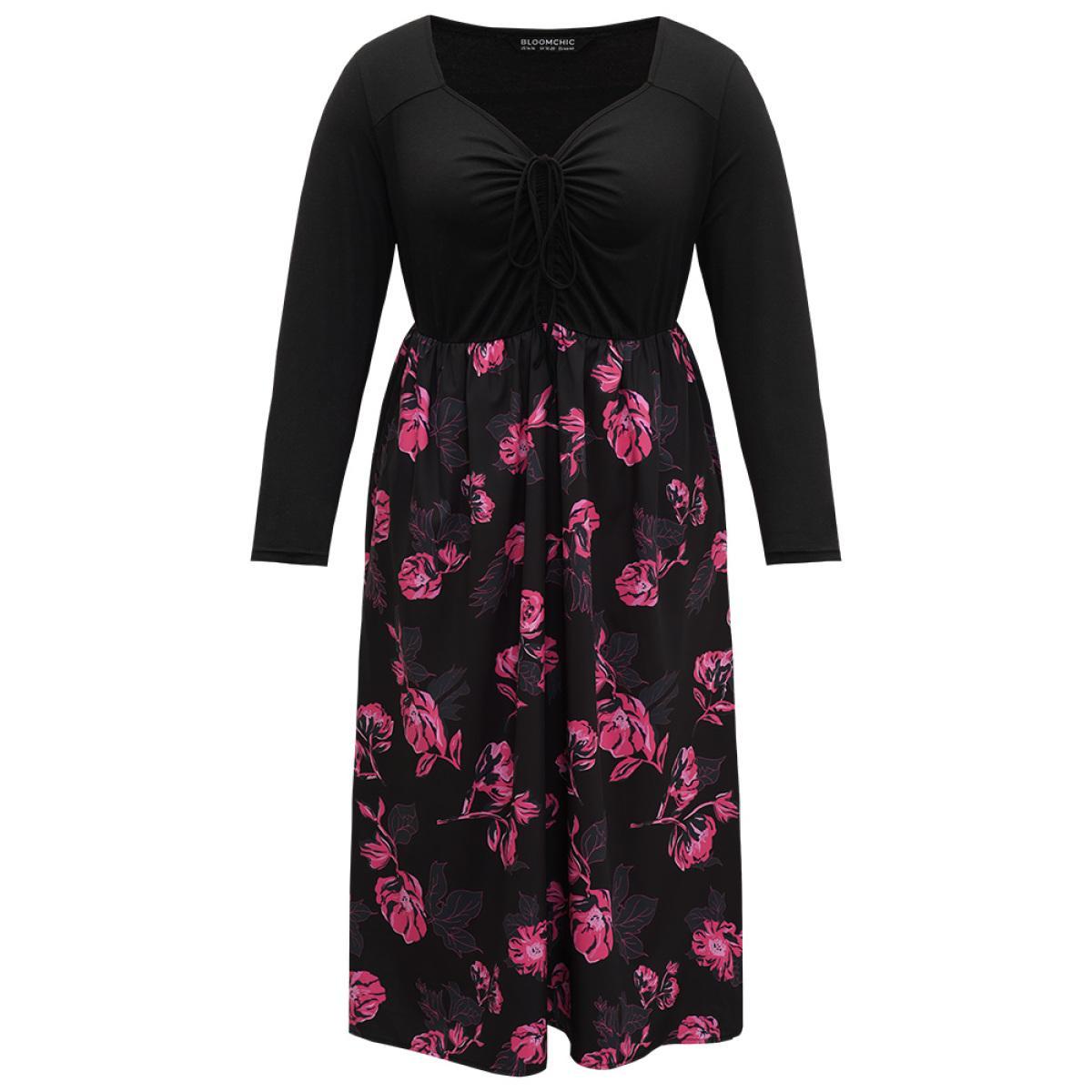 Plus Size Floral Patchwork Gathered Drawstring Dress Black Women Casual Gathered Tie Neck Long Sleeve Curvy Midi Dress BloomChic 26/4X Product Image