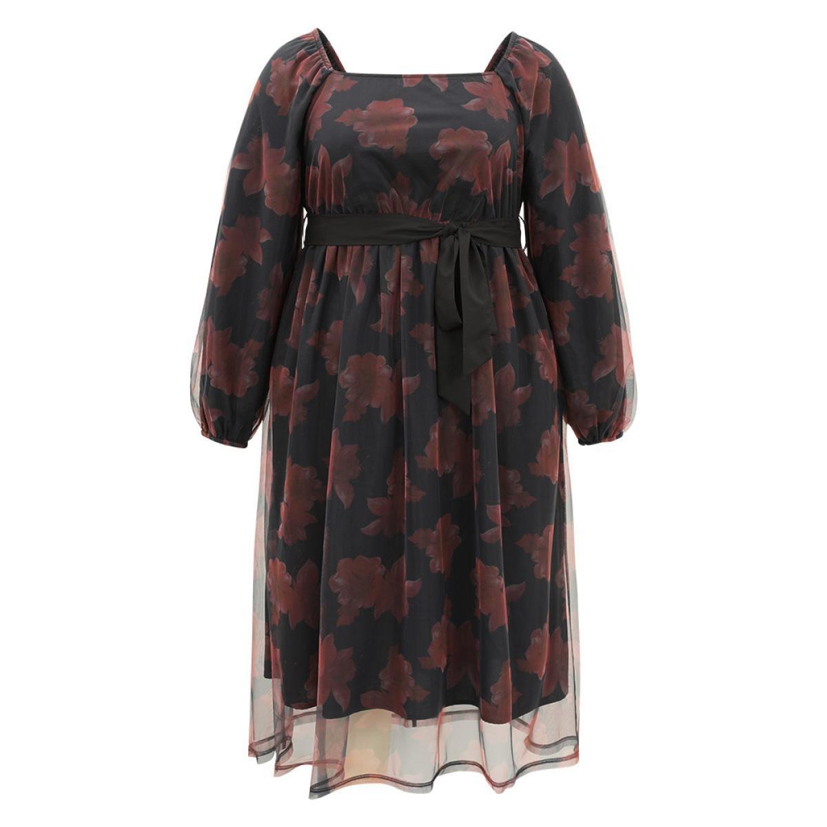 Plus Size Floral Mesh Belted Gathered Lantern Sleeve Dress BlackFlower Women Casual Elastic cuffs Square Neck Long Sleeve Curvy Midi Dress BloomChic 12/L Product Image