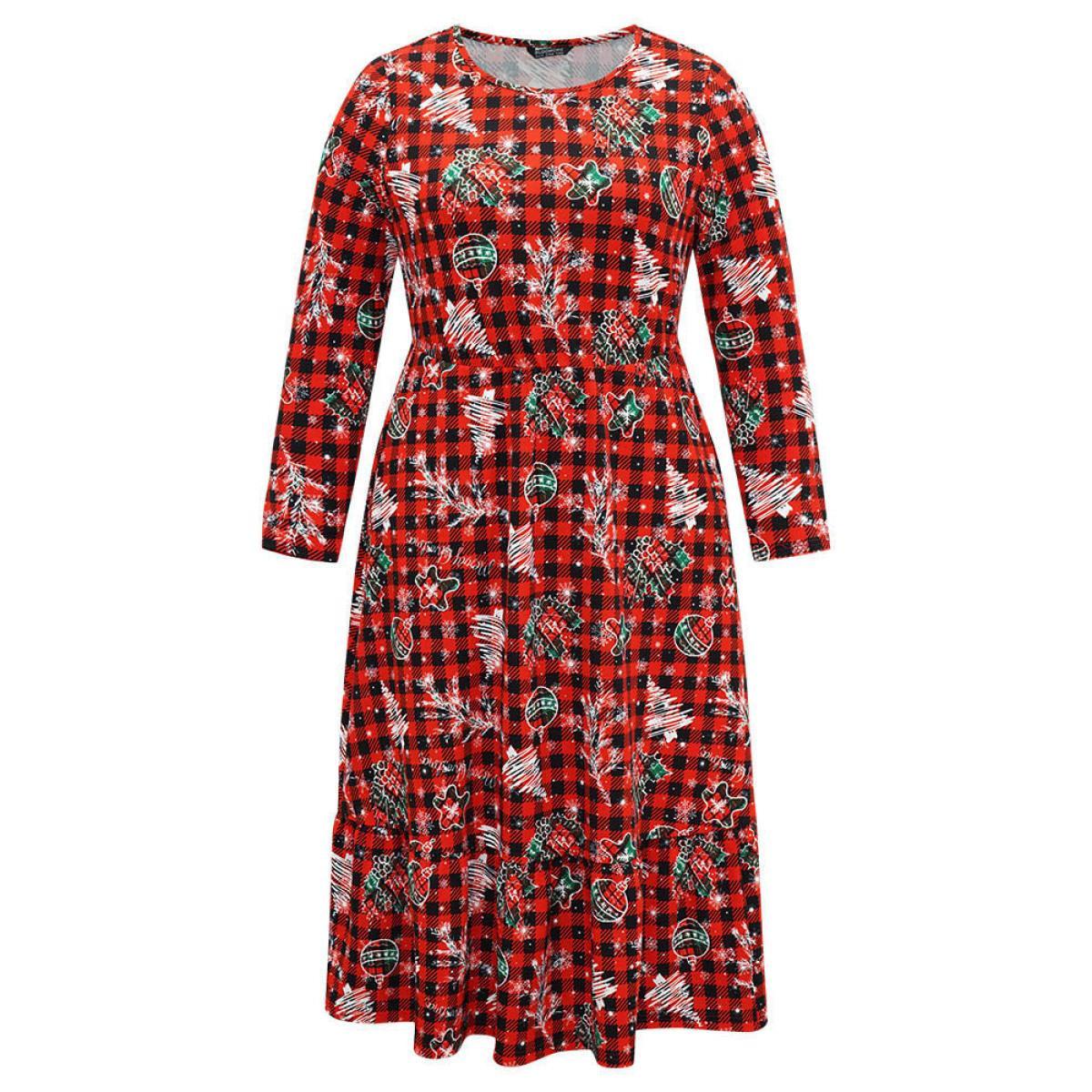 Plus Size Gingham Crew Neck Pocket Elastic Waist Dress Red Women Casual Printed Round Neck Long Sleeve Curvy Midi Dress BloomChic 18-20/2X Product Image
