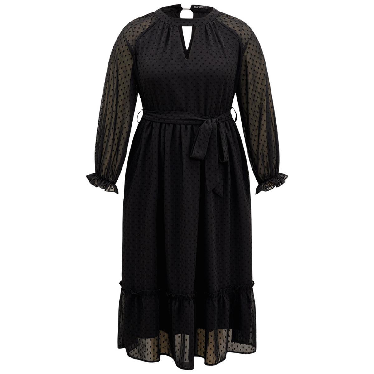 Plus Size Chiffon Texture Belted Mesh Keyhole Frill Trim Dress Black Women Office Texture Keyhole Cut-Out Long Sleeve Curvy Midi Dress BloomChic 22-24/3X Product Image