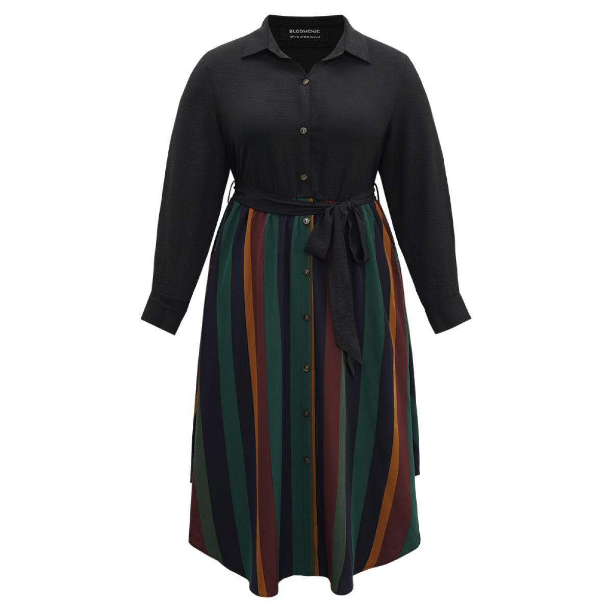 Plus Size Colour Striped Patchwork Belted Button Through Dress Indigo Women Office Belted Shirt collar Long Sleeve Curvy Midi Dress BloomChic 26/4X Product Image