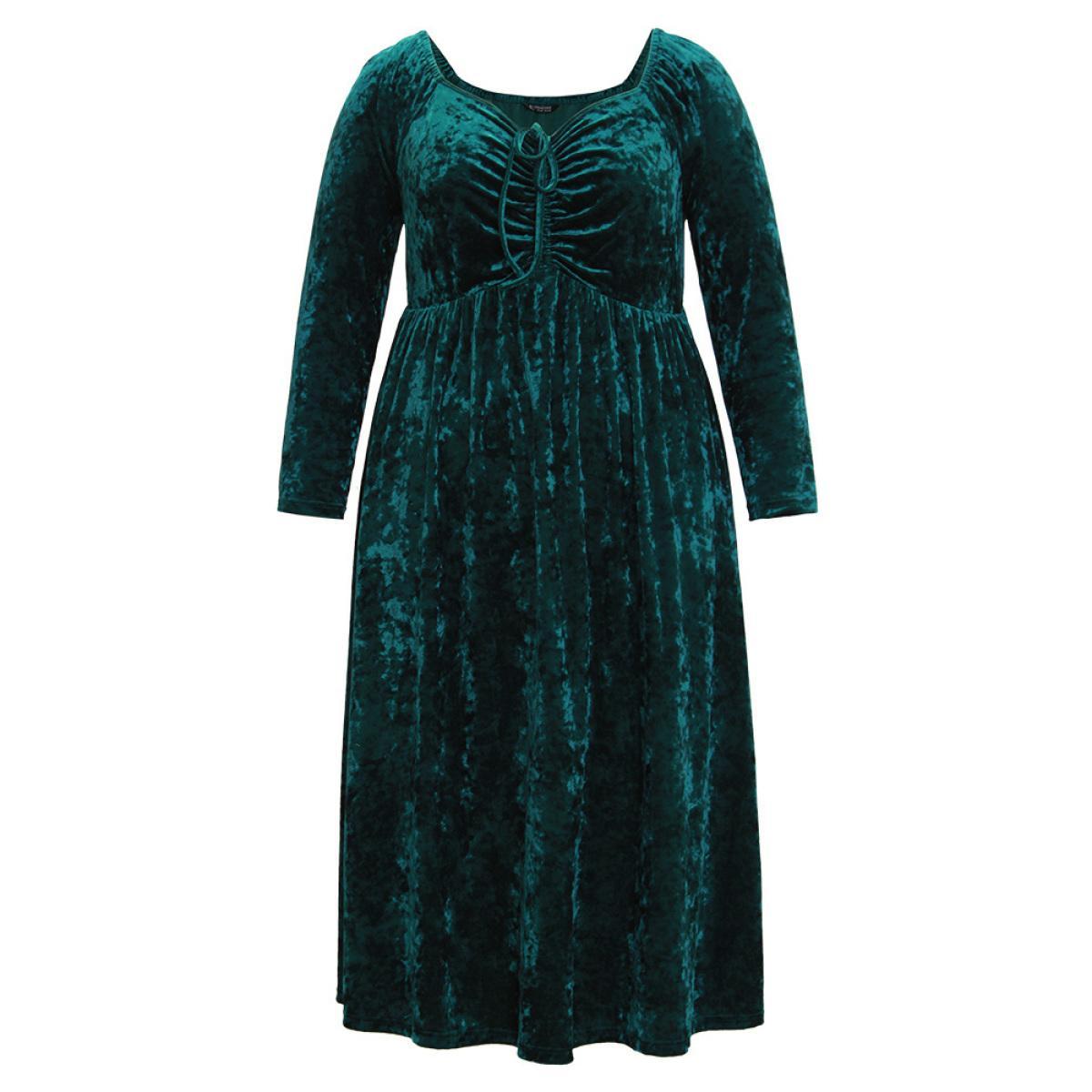 Plus Size Velvet Ruched Ties Pocket Square Neck Dress Teal Women Glamour Elastic cuffs Square Neck Long Sleeve Curvy Midi Dress BloomChic 28/5X Product Image