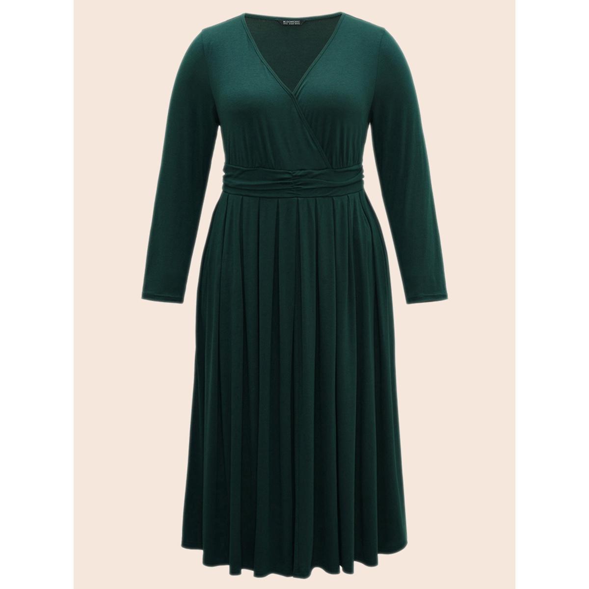 Plus Size Supersoft Essentials Ruched Wrap Pleated Hem Dress DarkGreen Women Casual Non Overlap Collar Long Sleeve Curvy Midi Dress BloomChic 26/4X Product Image